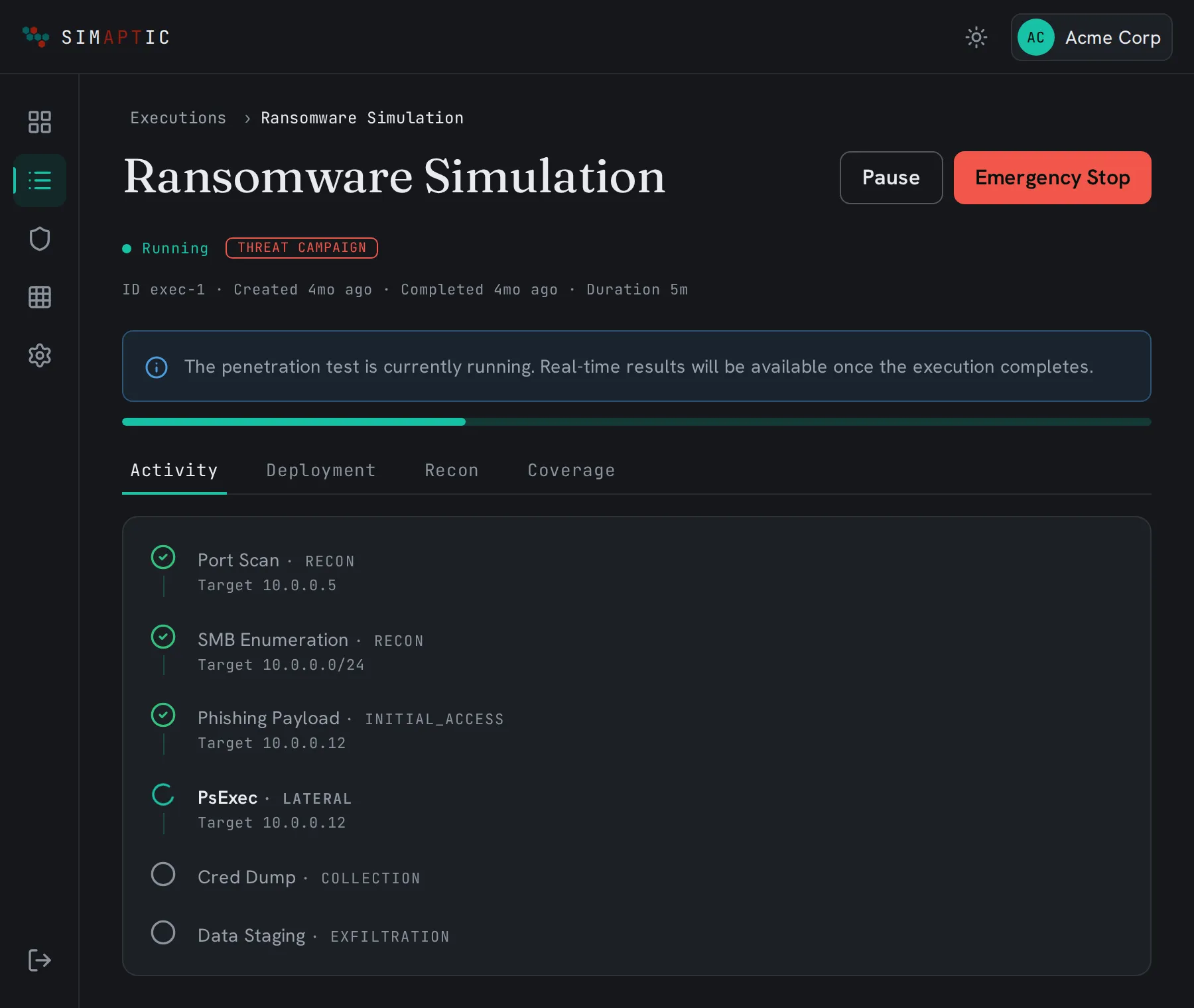 The SIMAPTIC execution view: a ransomware simulation running, its steps listed as a timeline, with pause and emergency stop controls in the header.
