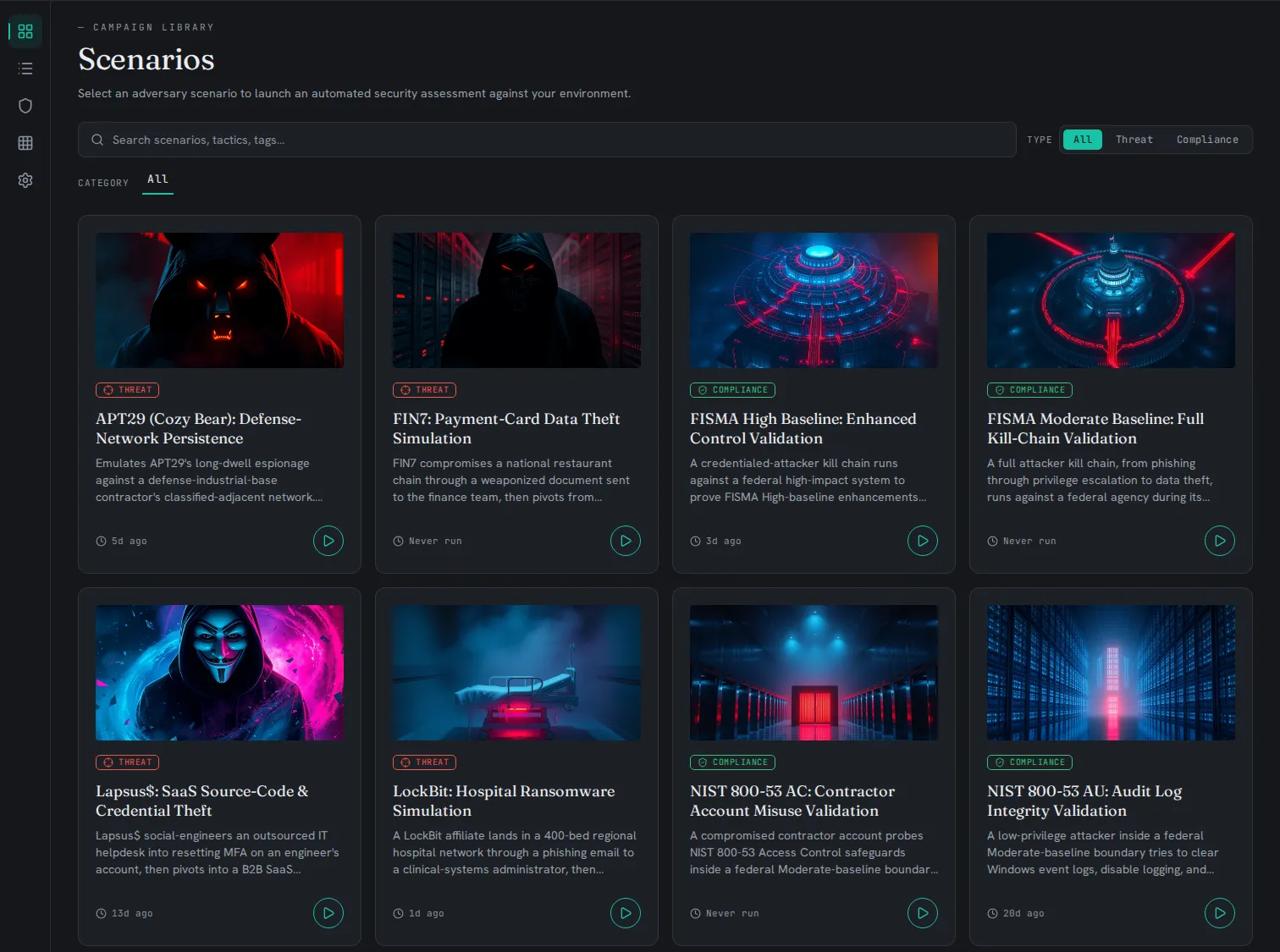 The SIMAPTIC scenario catalog, listing threat-actor and compliance campaigns